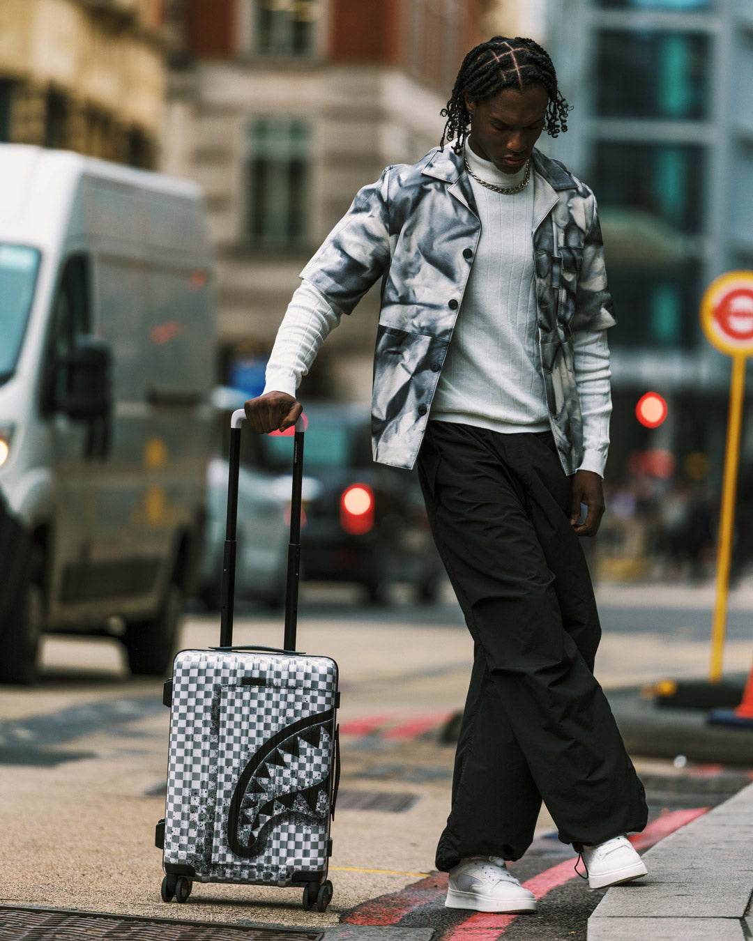 SPRAYGROUND® LUGGAGE BLACK STENCIL SHARK CARRY-ON LUGGAGE