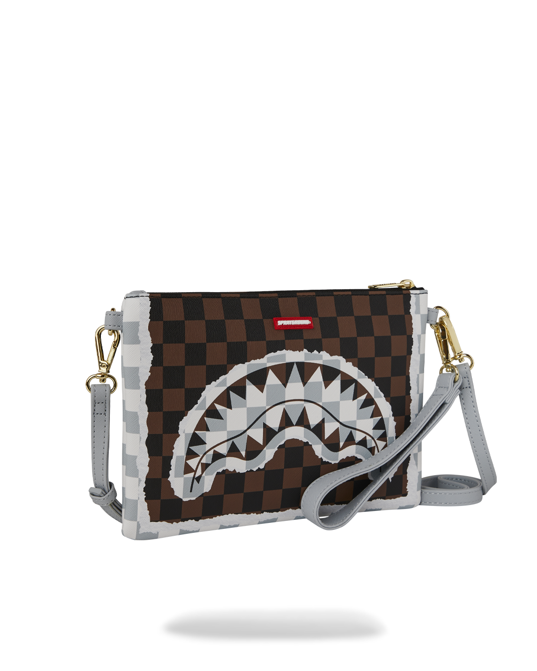 SPRAYGROUND® POUCHETTE CREAM AND BROWN TEAR CHECK CROSSOVER CLUTCH