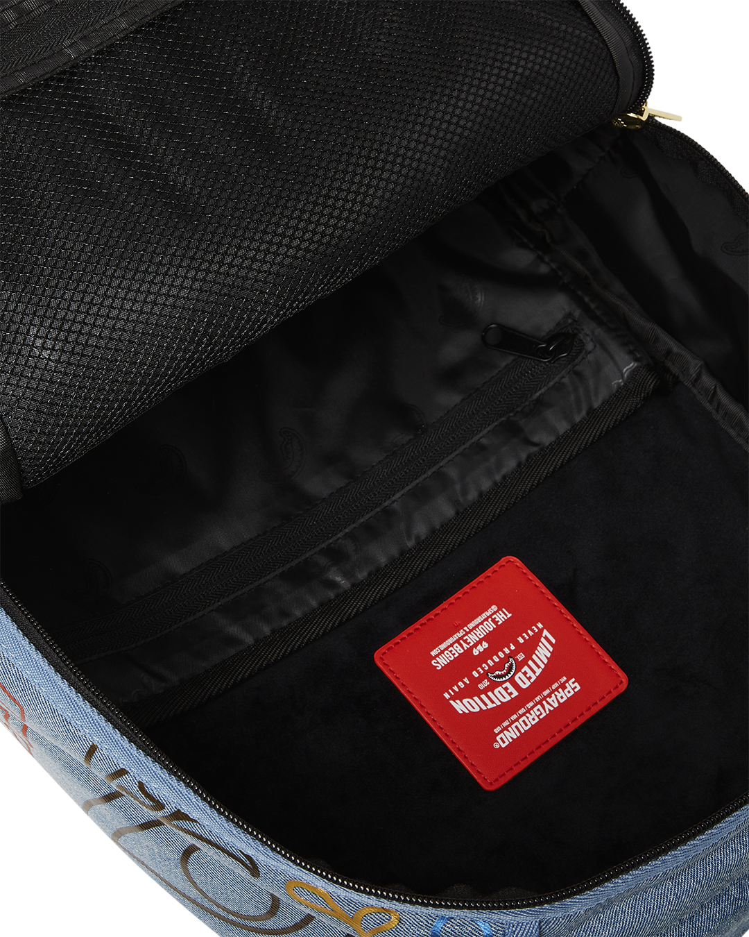 SPRAYGROUND® BACKPACK METALLIC PRINTED DENIM SHARK DLXSV BACKPACK
