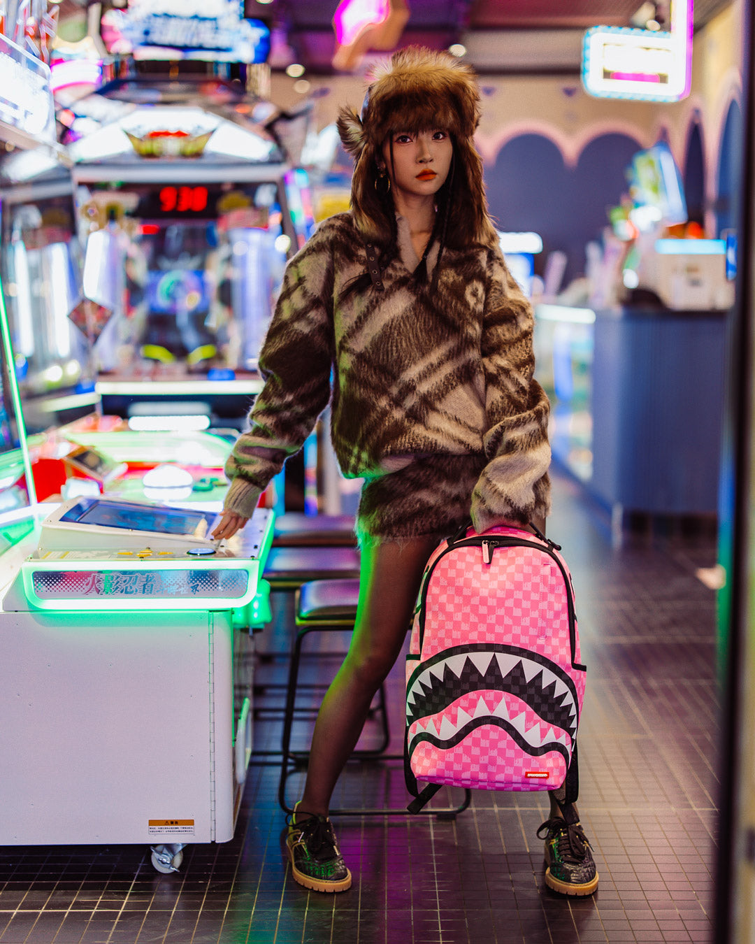 SPRAYGROUND® BACKPACK PINK AND BLACK DRIP CHECK DLXSV BACKPACK