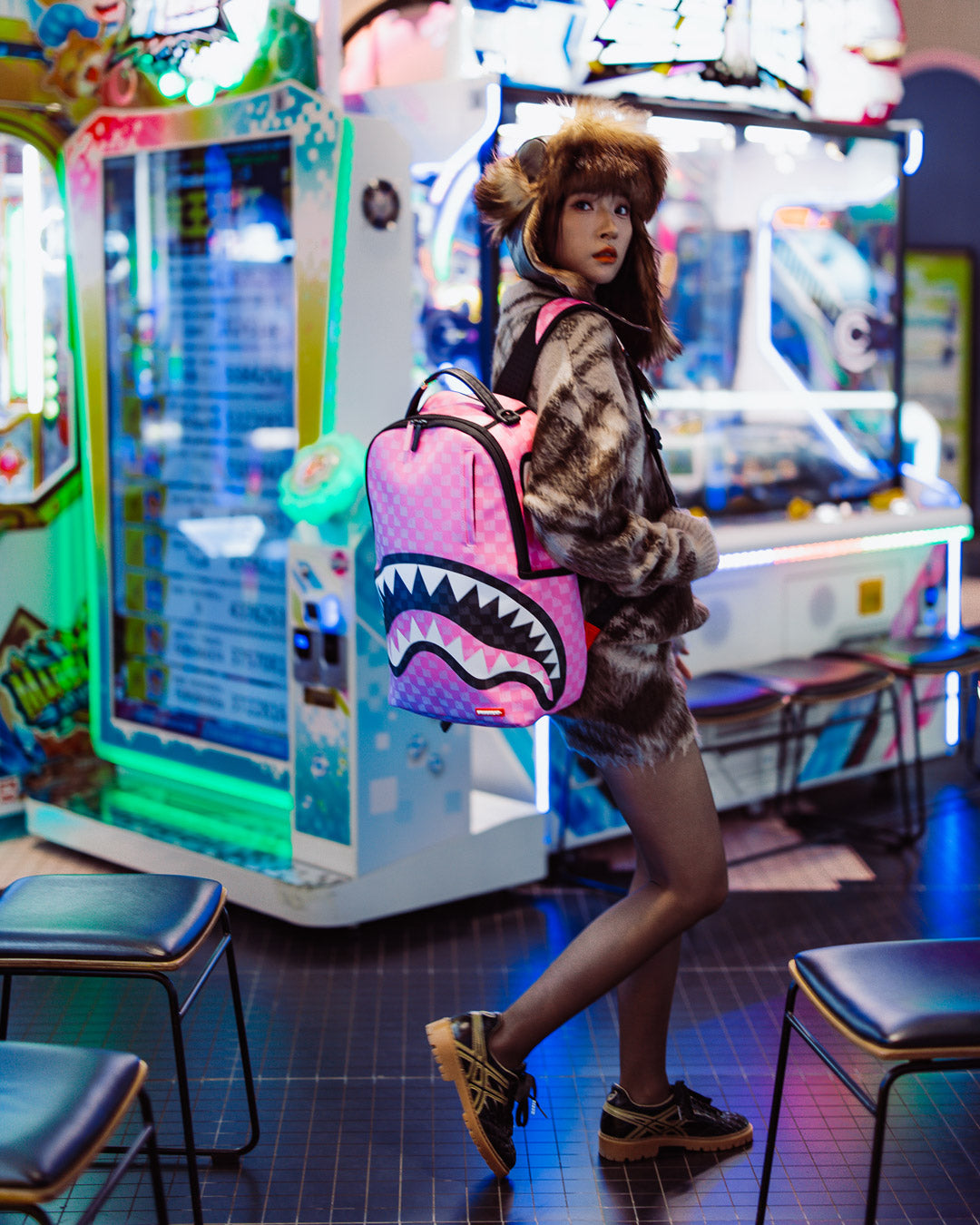 SPRAYGROUND® BACKPACK PINK AND BLACK DRIP CHECK DLXSV BACKPACK