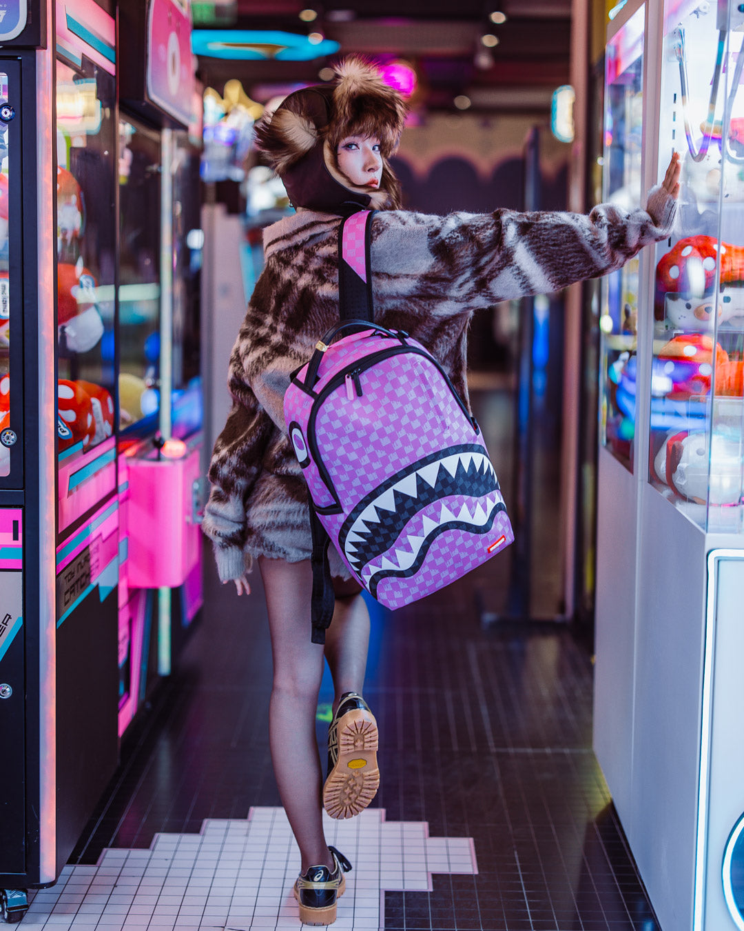 SPRAYGROUND® BACKPACK PINK AND BLACK DRIP CHECK DLXSV BACKPACK