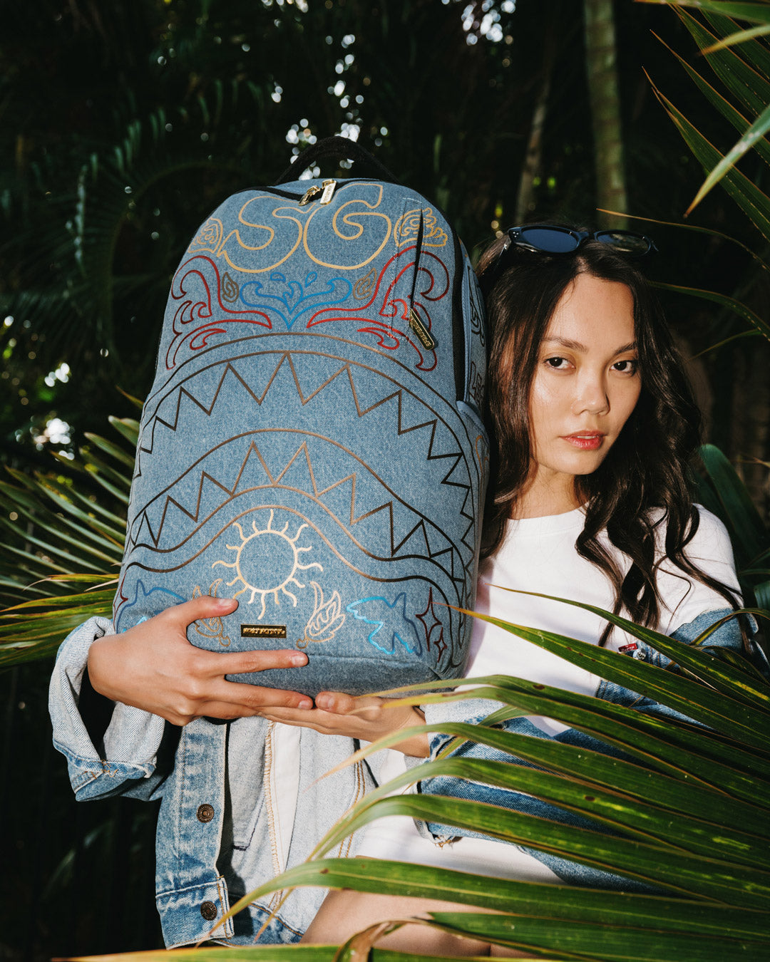 SPRAYGROUND® BACKPACK METALLIC PRINTED DENIM SHARK DLXSV BACKPACK