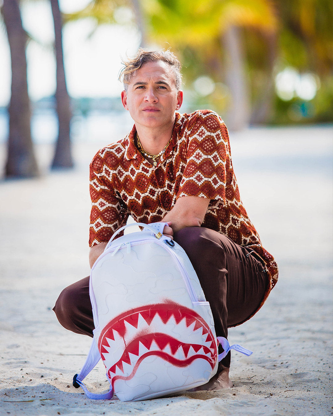 Sprayground Backpack In Vegan Leather With Shark Print In White