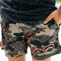 SPRAYGROUND® SWIM KIDS CAMO CHECKERED SWIM TRUNKS