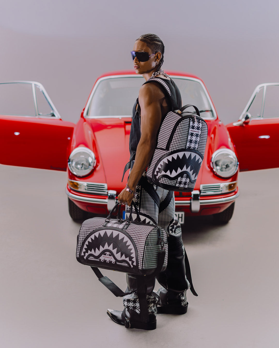 SPRAYGROUND® DUFFLE PORSCHE MIXED PEPITA SHARK COLLAB LARGE DUFFLE - LIMITED EDITION