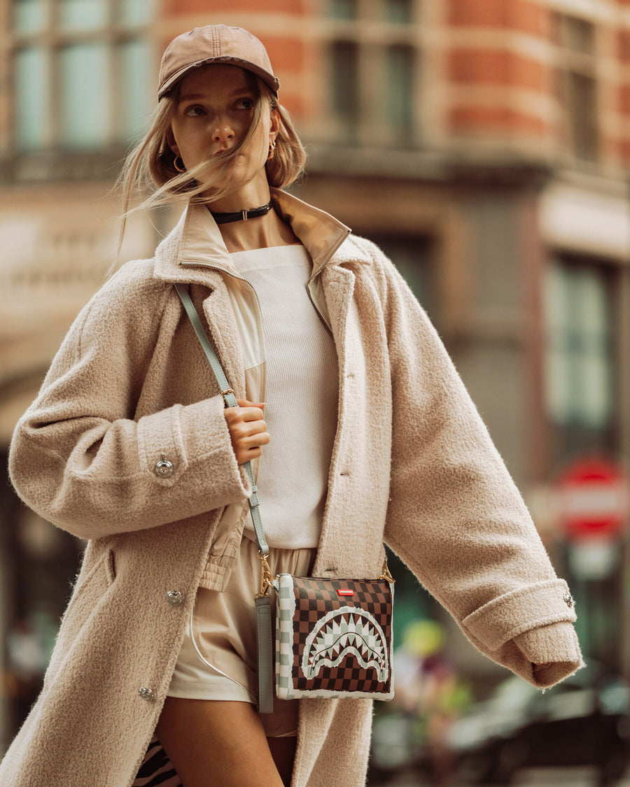 SPRAYGROUND® POUCHETTE CREAM AND BROWN TEAR CHECK CROSSOVER CLUTCH