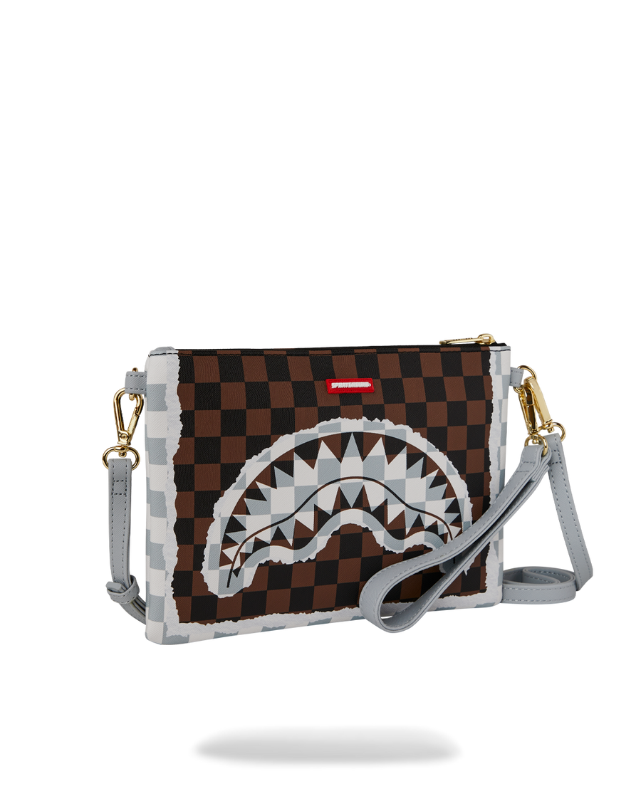 SPRAYGROUND® POUCHETTE CREAM AND BROWN TEAR CHECK CROSSOVER CLUTCH