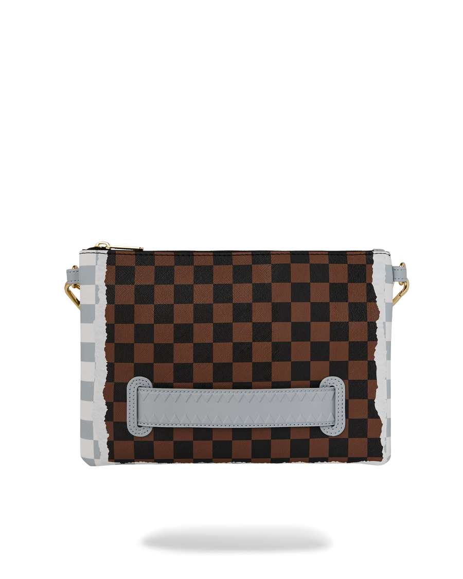 SPRAYGROUND® POUCHETTE CREAM AND BROWN TEAR CHECK CROSSOVER CLUTCH