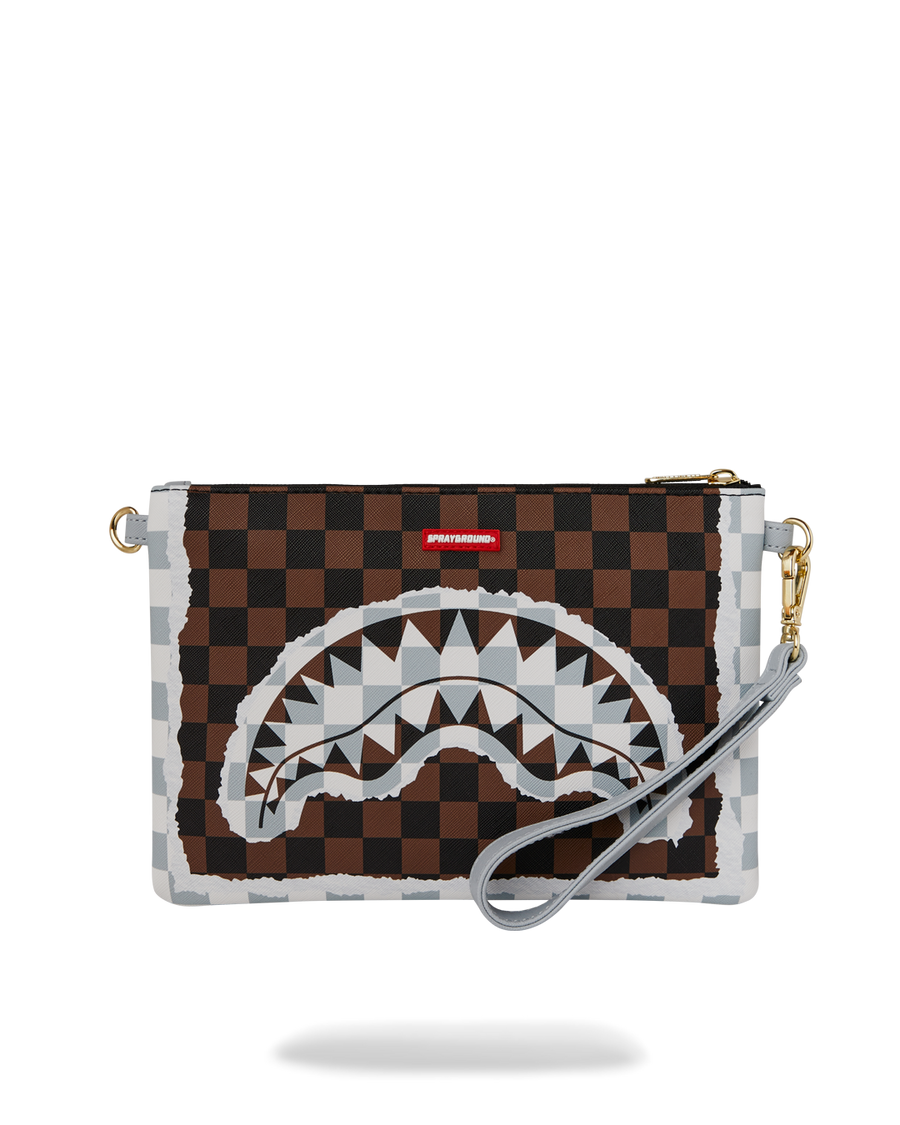 SPRAYGROUND® POUCHETTE CREAM AND BROWN TEAR CHECK CROSSOVER CLUTCH