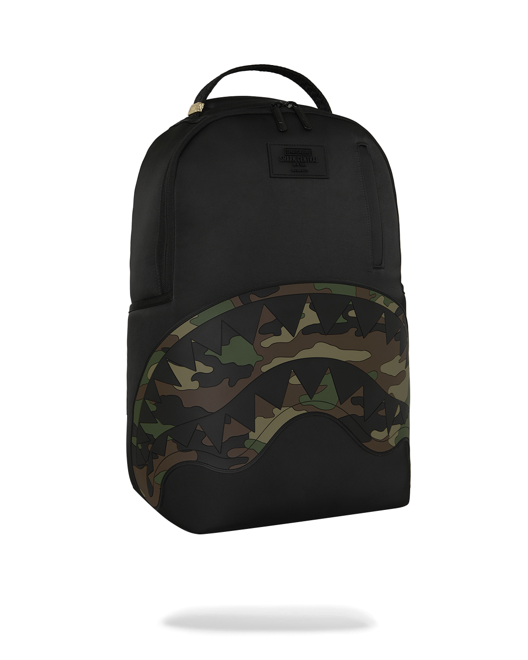 SPRAYGROUND® BACKPACK SHARK CENTRAL BLACK NYLON CAMO EMBOSSED SHARK BACKPACK