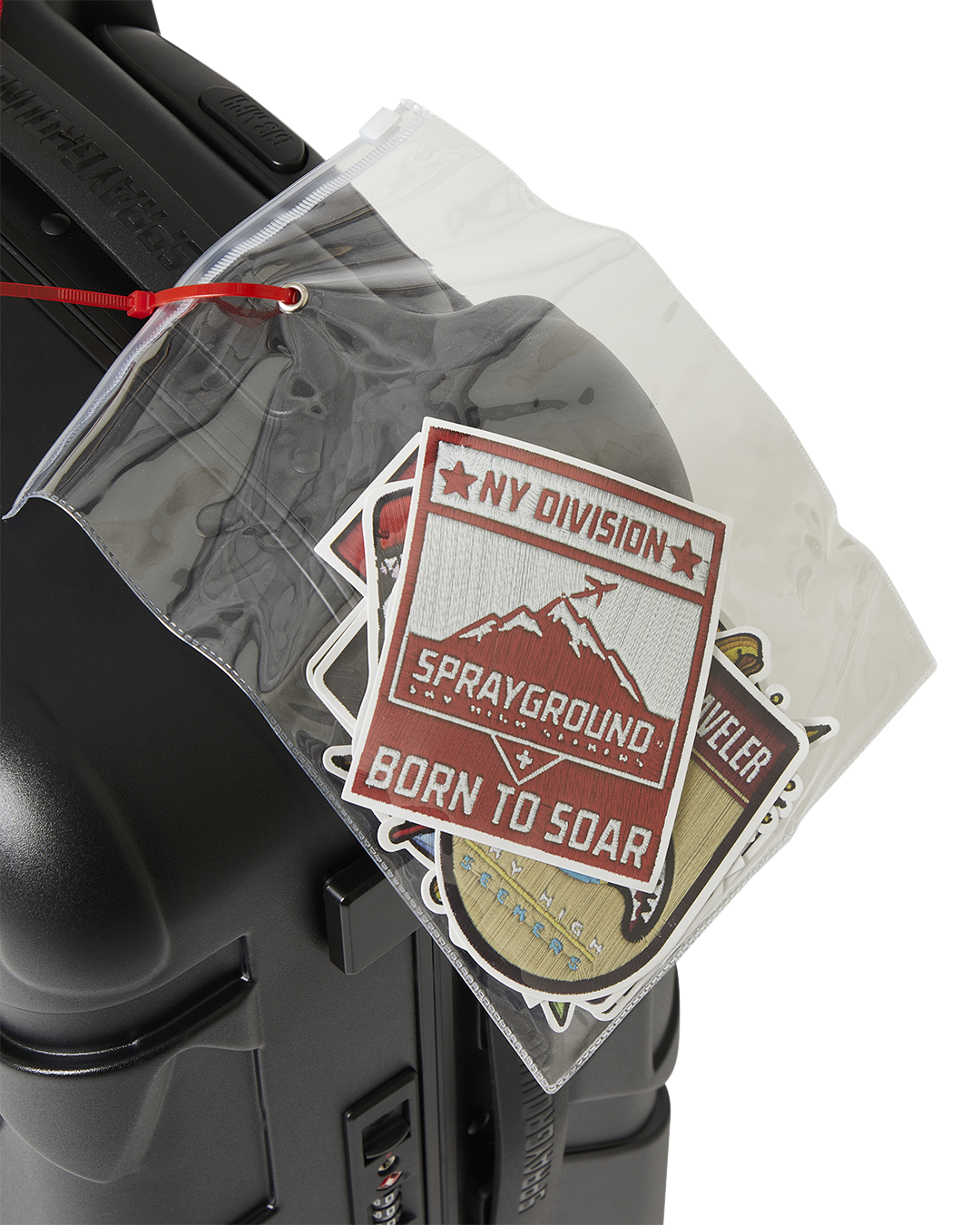 SPRAYGROUND® LUGGAGE CARGO PATCHES SHARKITECTURE CARRY-ON LUGGAGE BLACK WITH EXTRA STICKERS