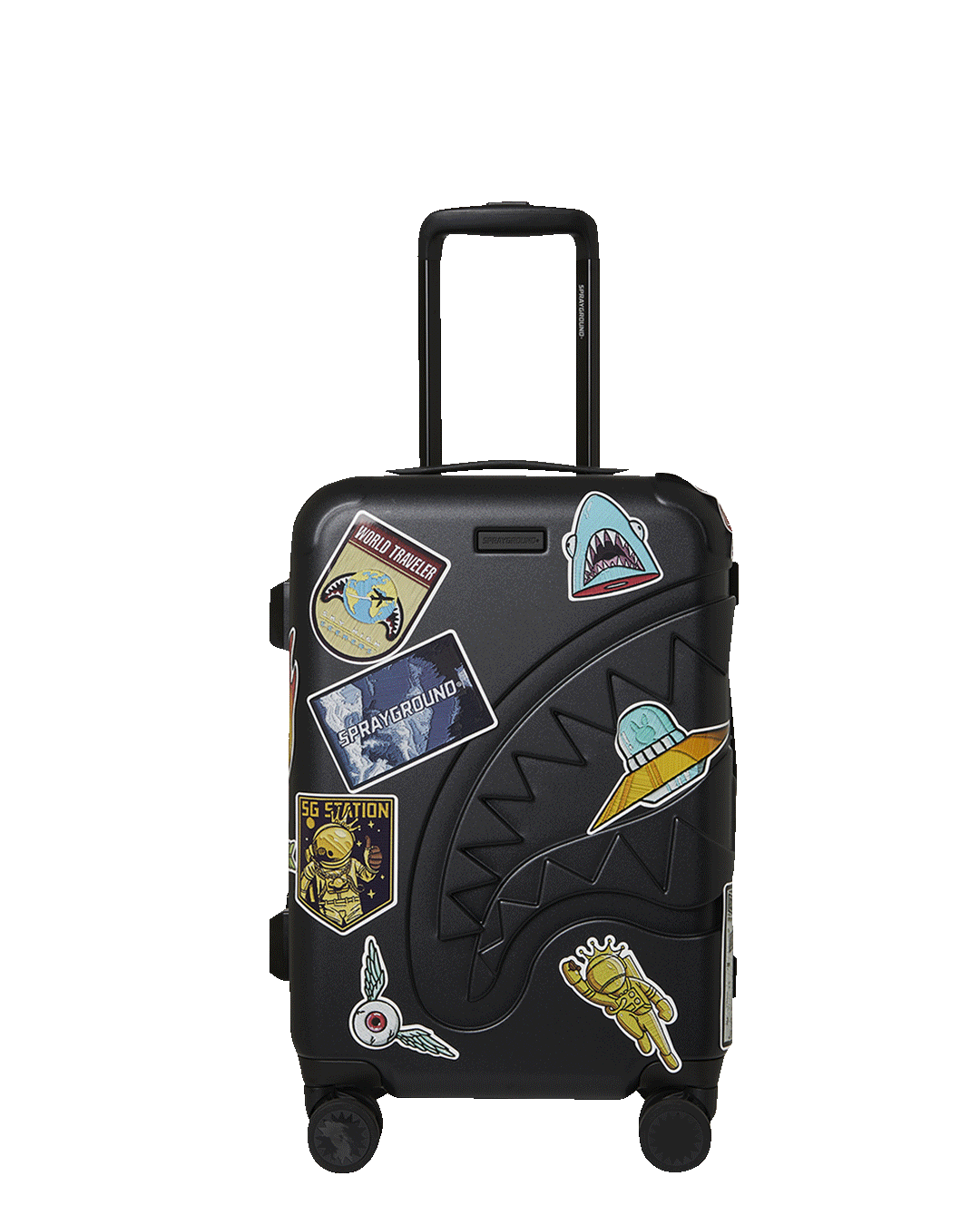 SPRAYGROUND® LUGGAGE CARGO PATCHES SHARKITECTURE CARRY-ON LUGGAGE BLACK WITH EXTRA STICKERS