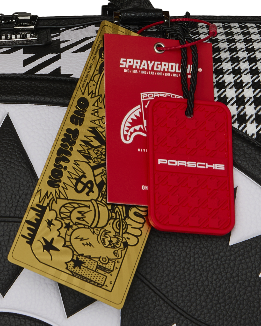 SPRAYGROUND® DUFFLE PORSCHE MIXED PEPITA SHARK COLLAB LARGE DUFFLE - LIMITED EDITION