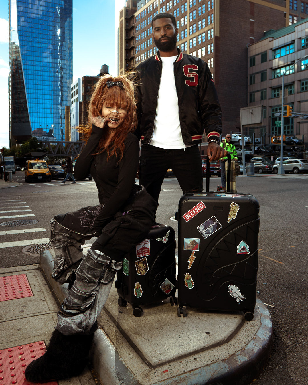 SPRAYGROUND® LUGGAGE CARGO PATCHES SHARKITECTURE CARRY-ON LUGGAGE BLACK WITH EXTRA STICKERS