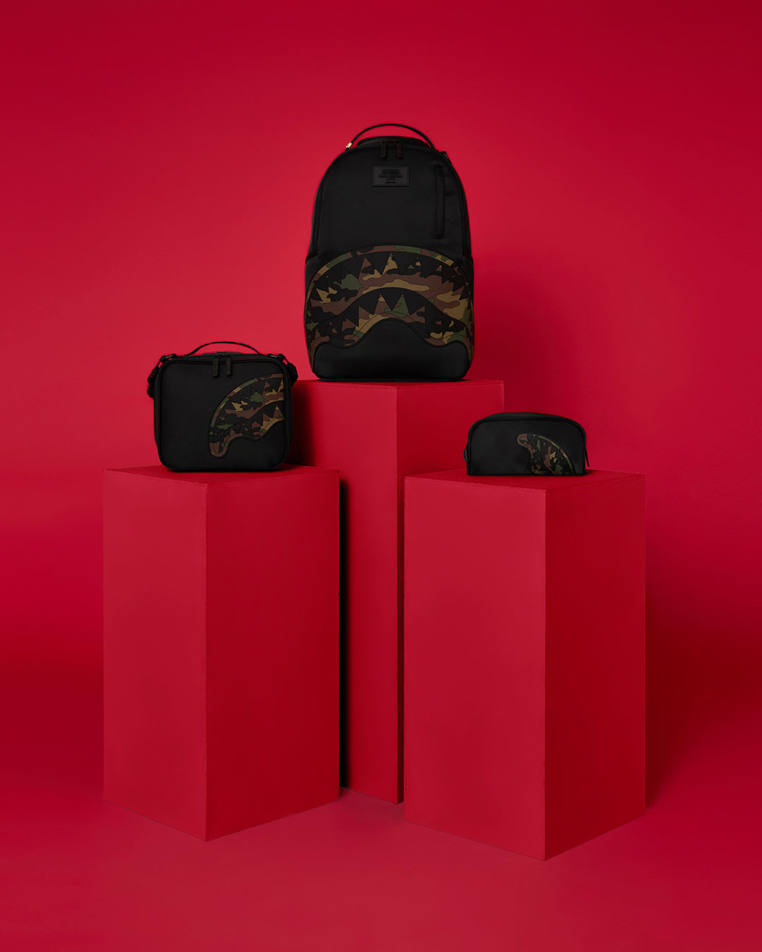 SPRAYGROUND® Custom Bundle SHARK CENTRAL BLACK NYLON CAMO EMBOSSED SHARK BUNDLE (3 PCS)