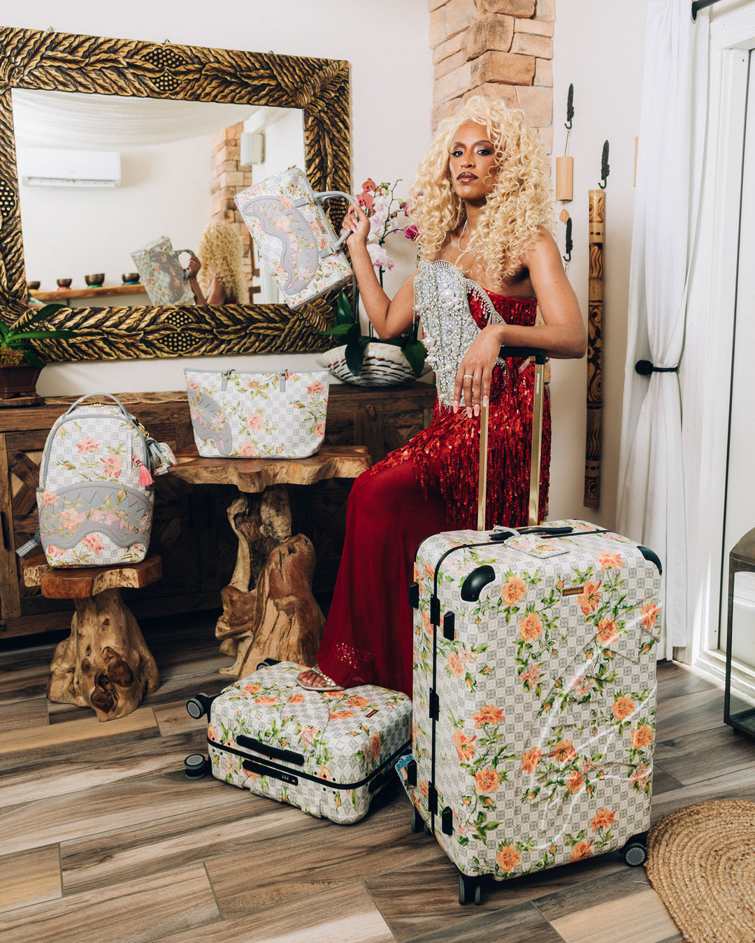 SPRAYGROUND® LUGGAGE A.I. AFRICAN INTELLIGENCE ELEGANT ENERGY FULL SIZE LUGGAGE - SANDFLOWER COLLAB
