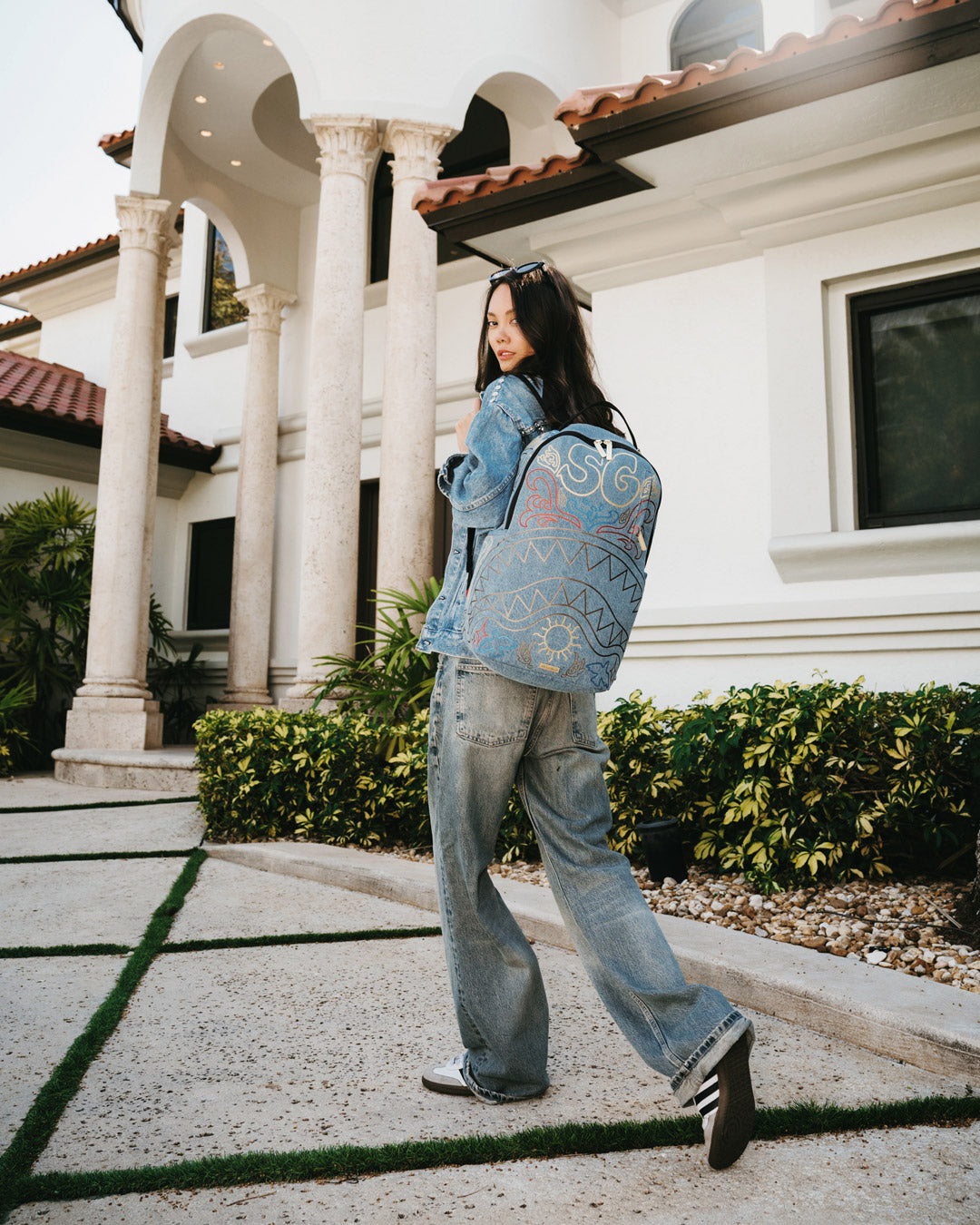 SPRAYGROUND® BACKPACK METALLIC PRINTED DENIM SHARK DLXSV BACKPACK