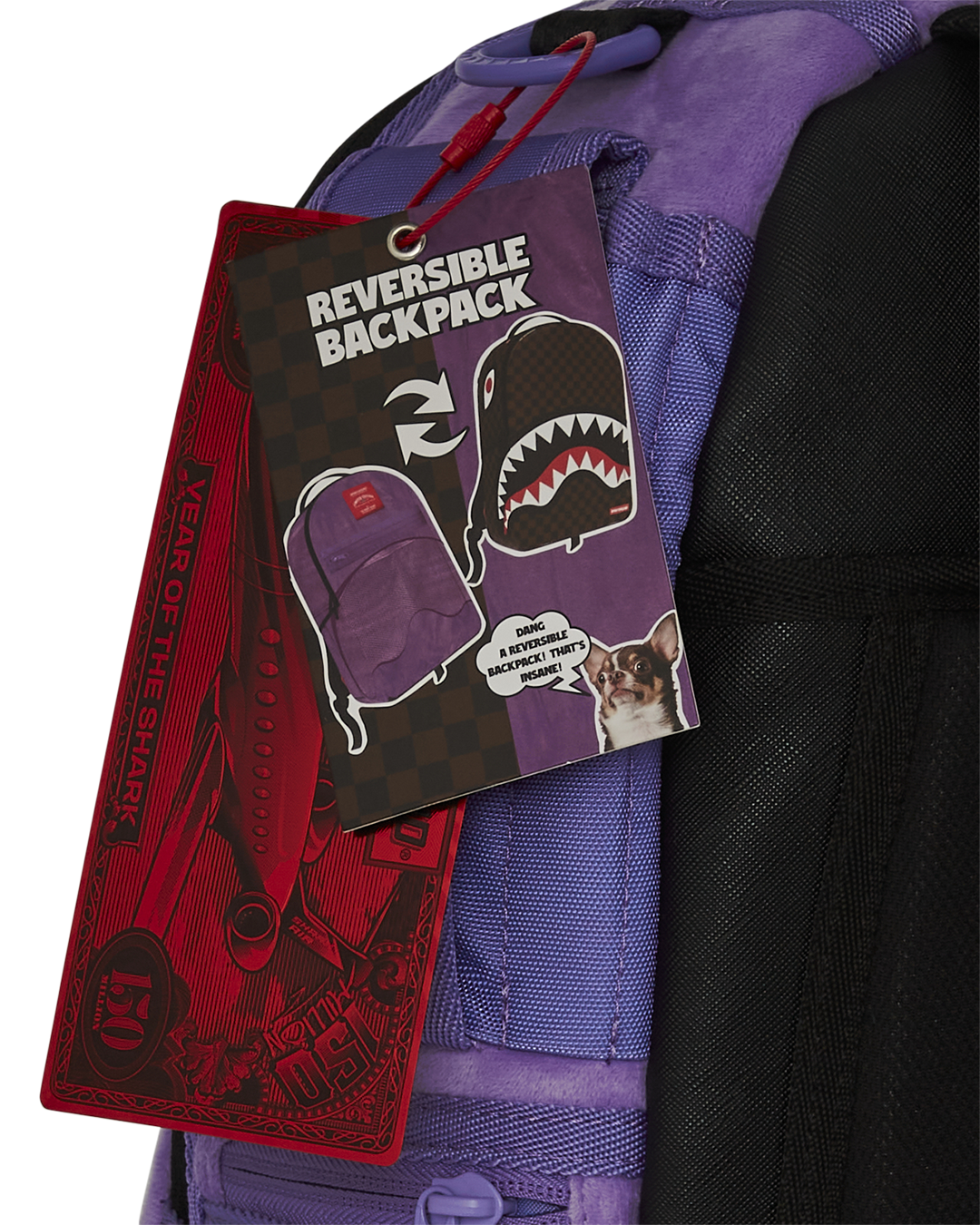 SPRAYGROUND® BACKPACK NOOO WAY!!! A REVERSIBLE BACKPACK - PURPLE VELOUR TO OG SHARKS IN PARIS BACKPACK