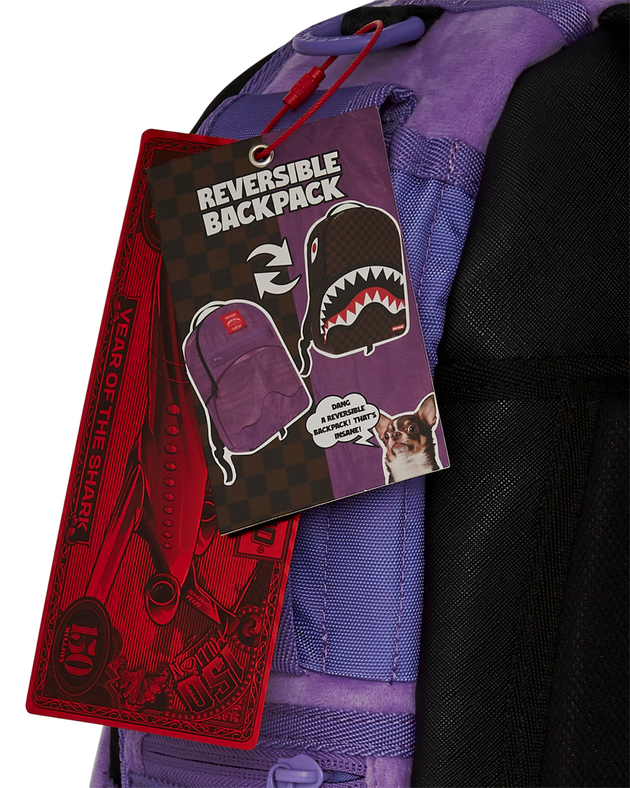 SPRAYGROUND® BACKPACK NOOO WAY!!! A REVERSIBLE BACKPACK - PURPLE VELOUR TO OG SHARKS IN PARIS BACKPACK
