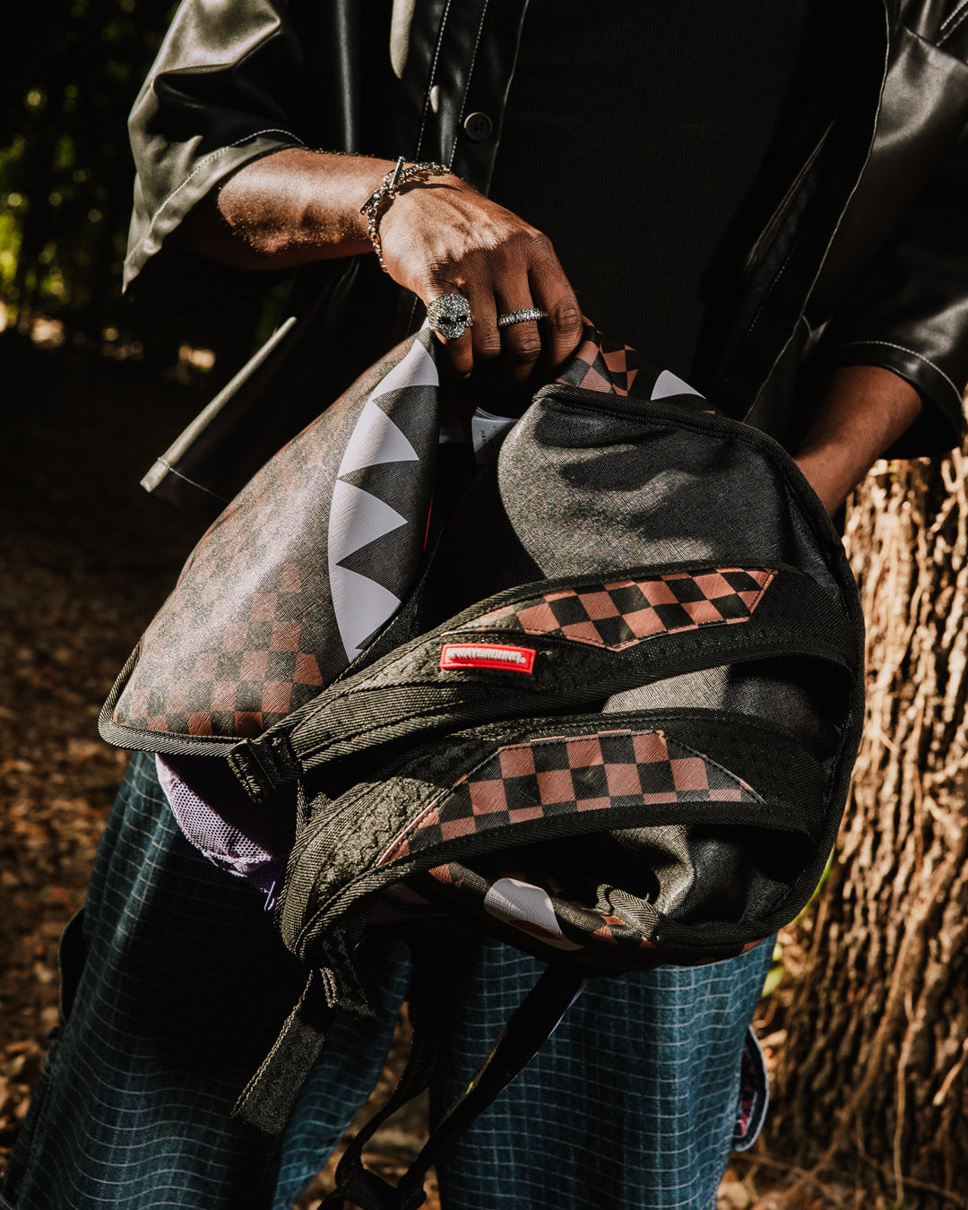 SPRAYGROUND® BACKPACK NOOO WAY!!! A REVERSIBLE BACKPACK - PURPLE VELOUR TO OG SHARKS IN PARIS BACKPACK
