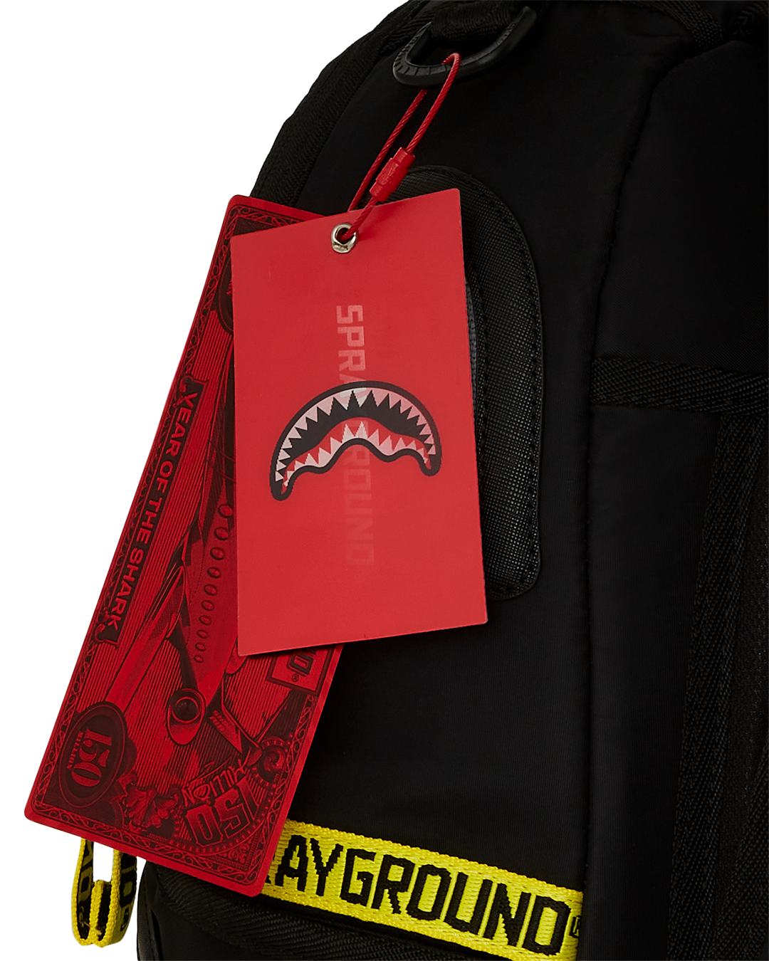 SPRAYGROUND® BACKPACK SHARK CENTRAL YELLOW TAPE DLX SATIN BACKPACK