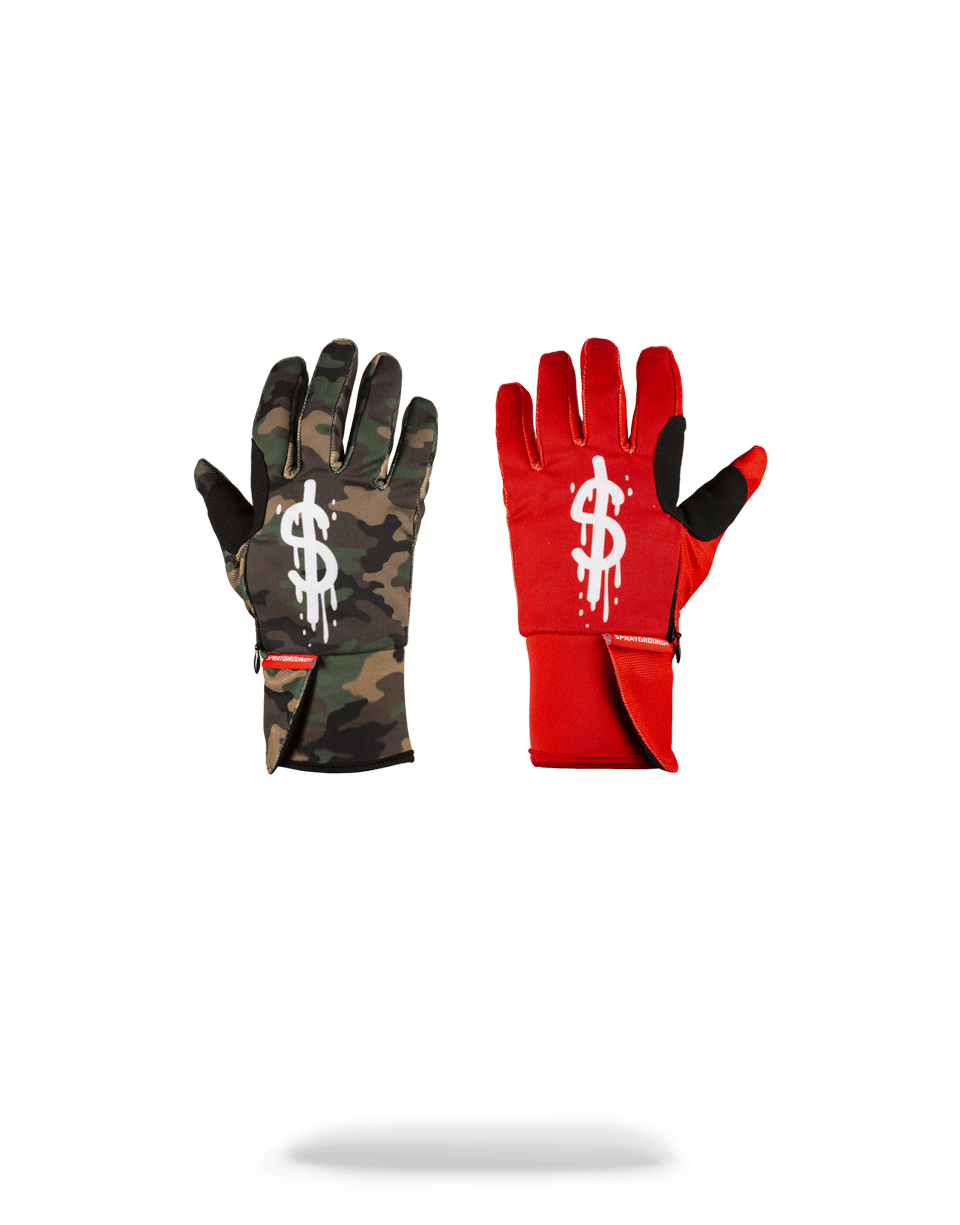 SPRAYGROUND® GLOVES LEFT RED / RIGHT CAMO MONEY DRIPS GLOVES