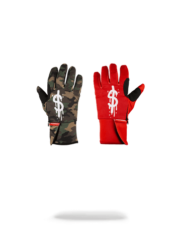 SPRAYGROUND® GLOVES LEFT RED / RIGHT CAMO MONEY DRIPS GLOVES