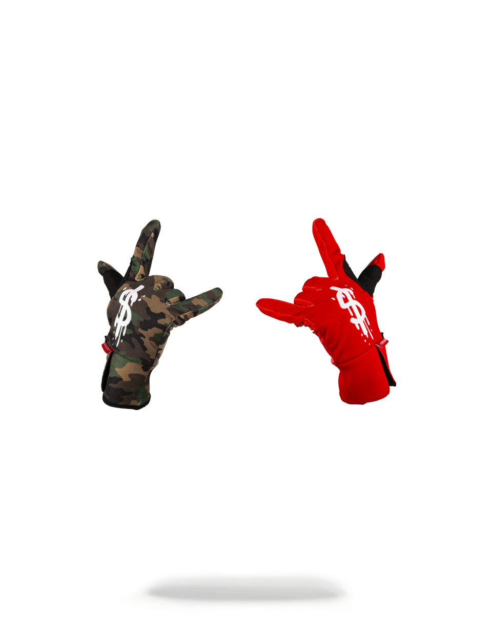 SPRAYGROUND® GLOVES LEFT RED / RIGHT CAMO MONEY DRIPS GLOVES