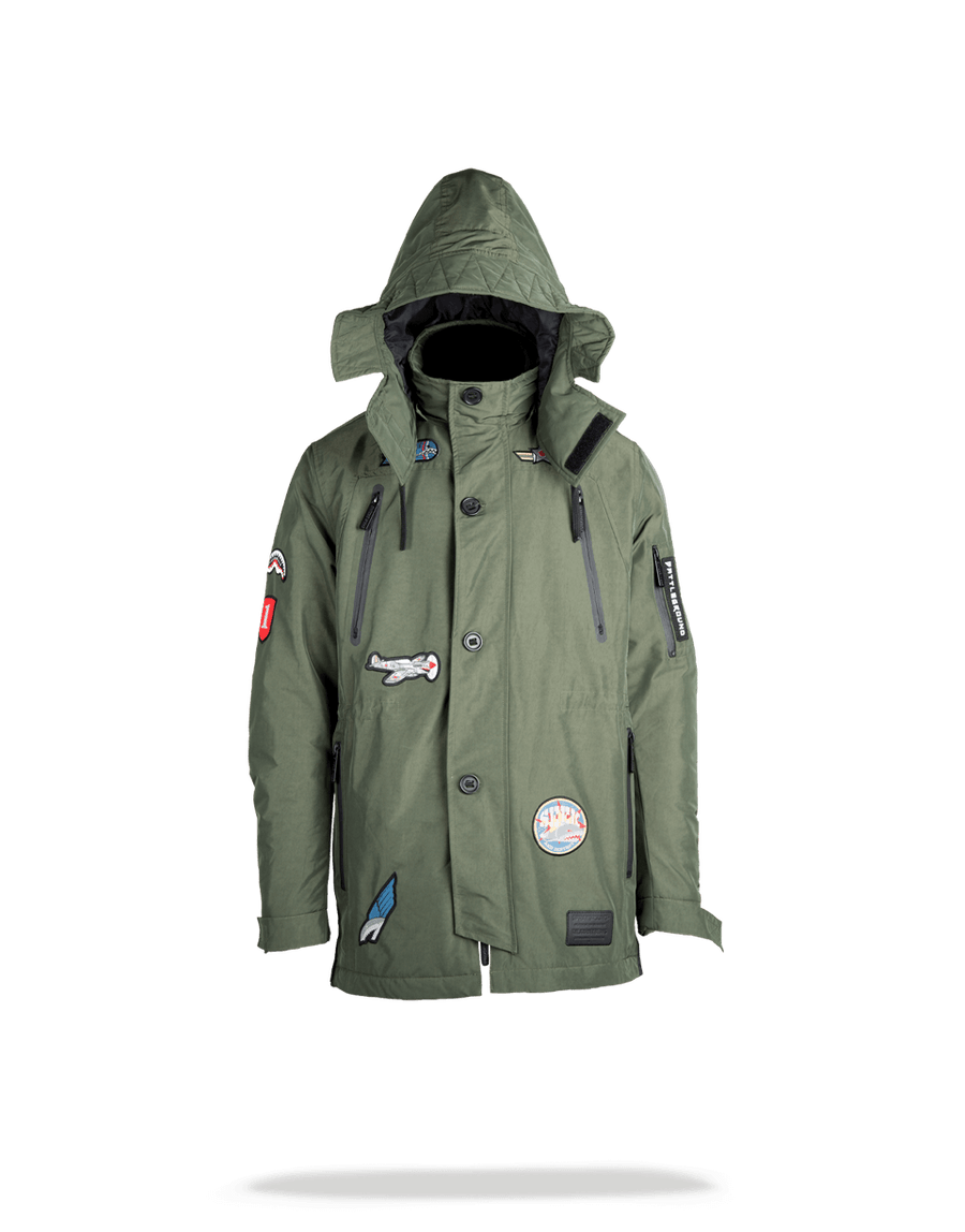 SPRAYGROUND® APPAREL GREEN ARMY PATCHES LONG PARKA HOODY MENS (SIZE SMALL)
