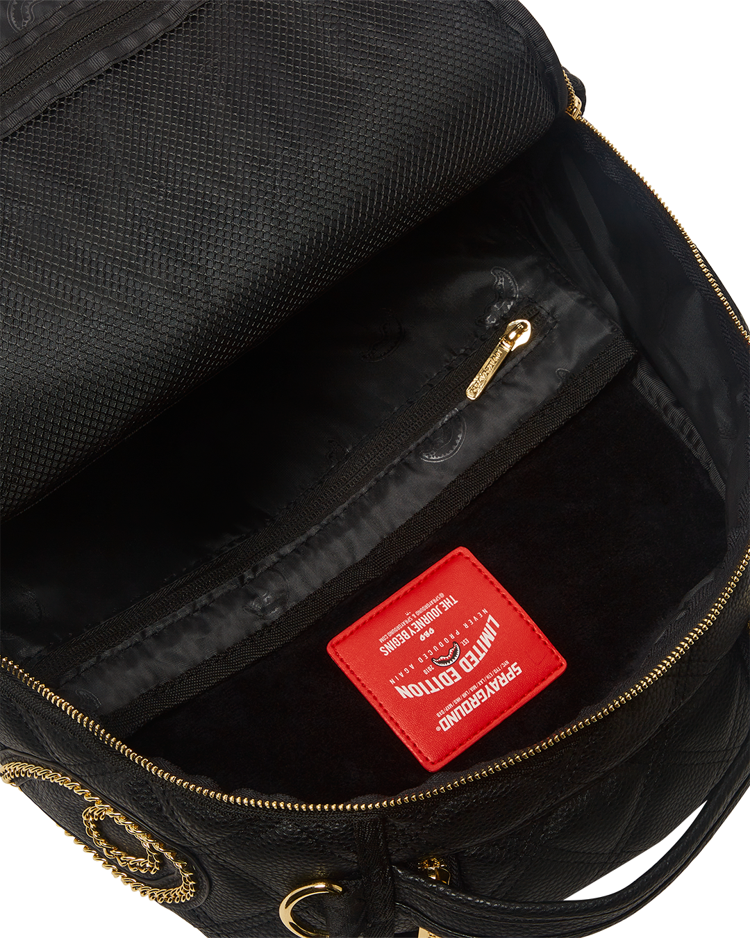 SPRAYGROUND® BACKPACK NOIR QUILT GOLD CHAIN SHARK BACKPACK (DLXV)