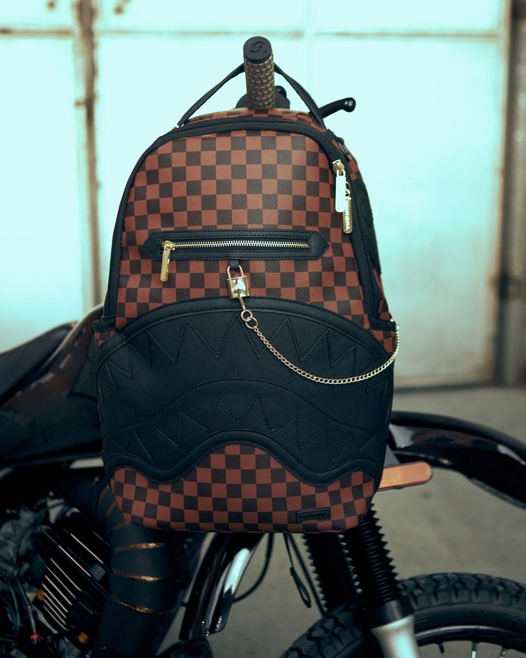 Sprayground Brown Checkered Backpack Shark In Paris Monogram