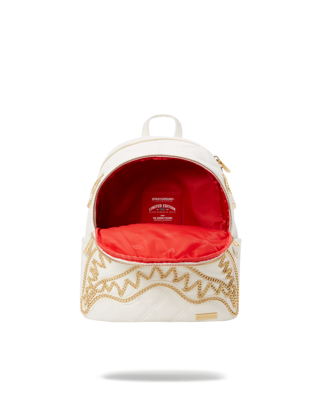 SPRAYGROUND: Quilt Gold Chain Shark Savage Backpack - White