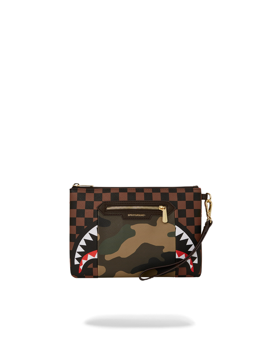 SPRAYGROUND® POUCHETTE EXTERIOR GOLD ZIP POCKET SHARKS IN PARIS CROSSOVER CLUTCH