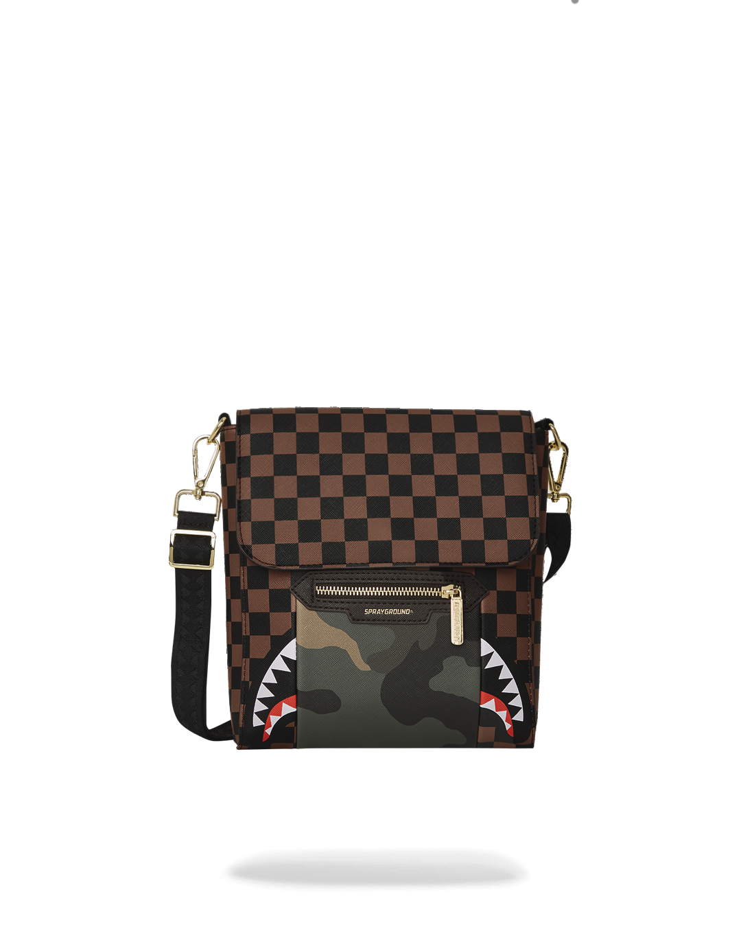 SPRAYGROUND® SLING EXTERIOR GOLD ZIP POCKET SHARKS IN PARIS MESSENGER SLING BAG