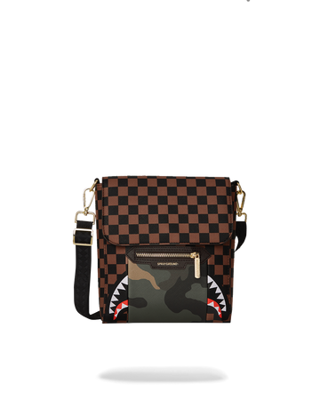 SPRAYGROUND® SLING EXTERIOR GOLD ZIP POCKET SHARKS IN PARIS MESSENGER SLING BAG