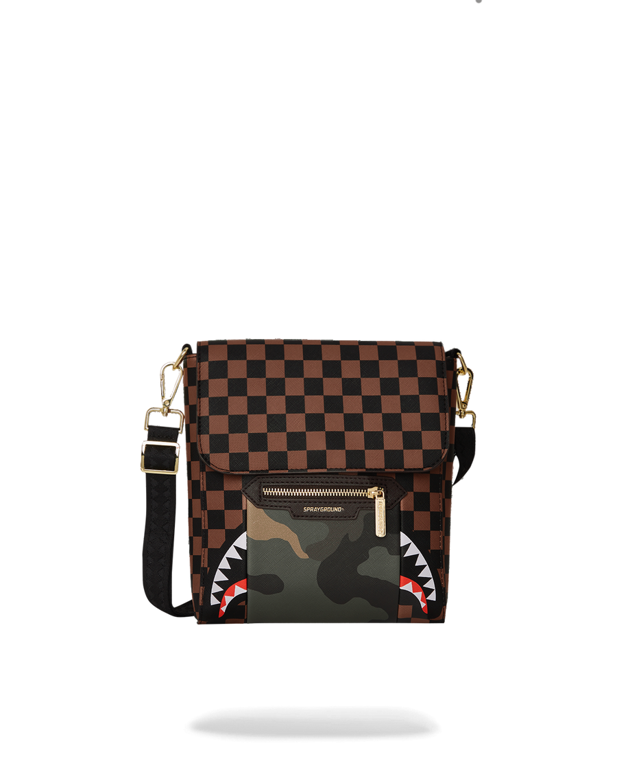 SPRAYGROUND® SLING EXTERIOR GOLD ZIP POCKET SHARKS IN PARIS MESSENGER SLING BAG