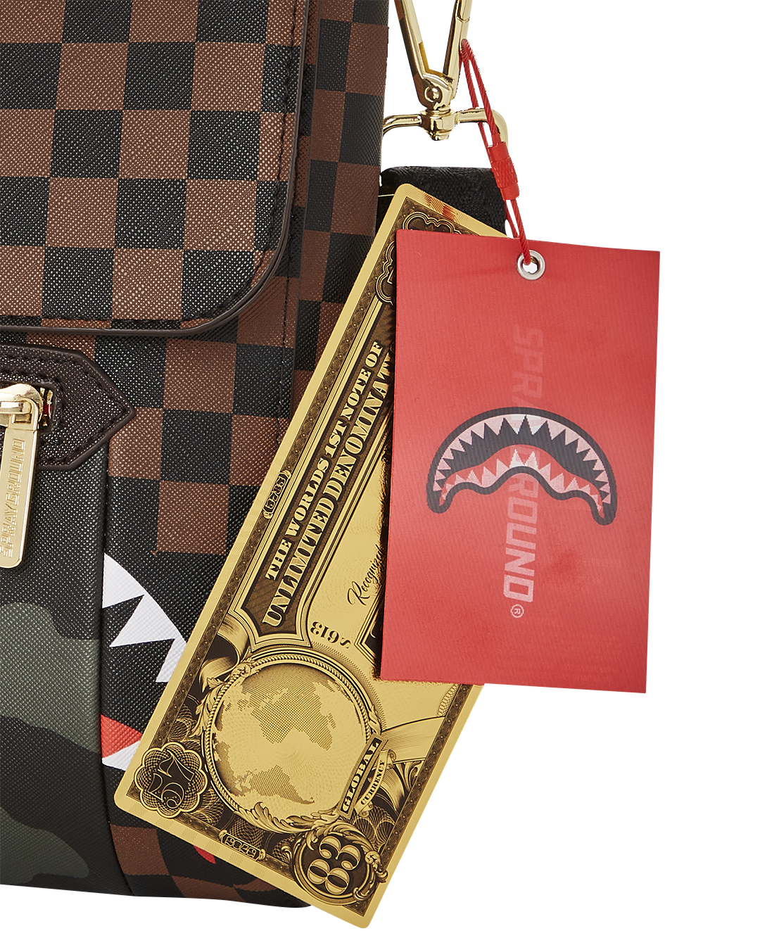 SPRAYGROUND® SLING EXTERIOR GOLD ZIP POCKET SHARKS IN PARIS MESSENGER SLING BAG