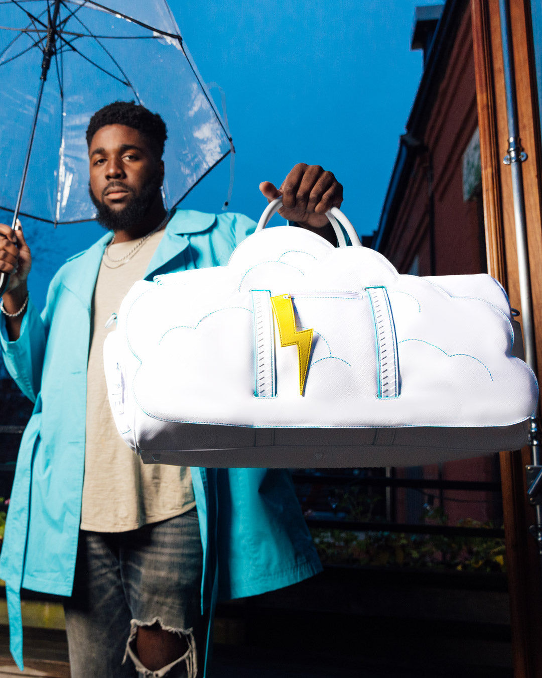 SPRAYGROUND® DUFFLE CLOUDY WITH A CHANCE OF SHARK DUFFLE