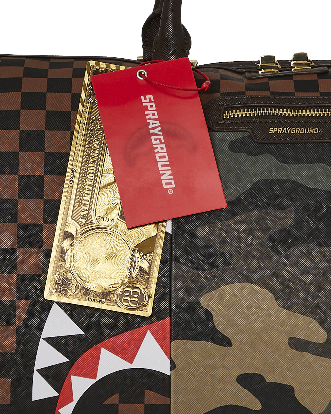 SPRAYGROUND: SHARKS IN PARIS GOLD RIVIT EMPRESS DUFFLE – 85 86  eightyfiveightysix