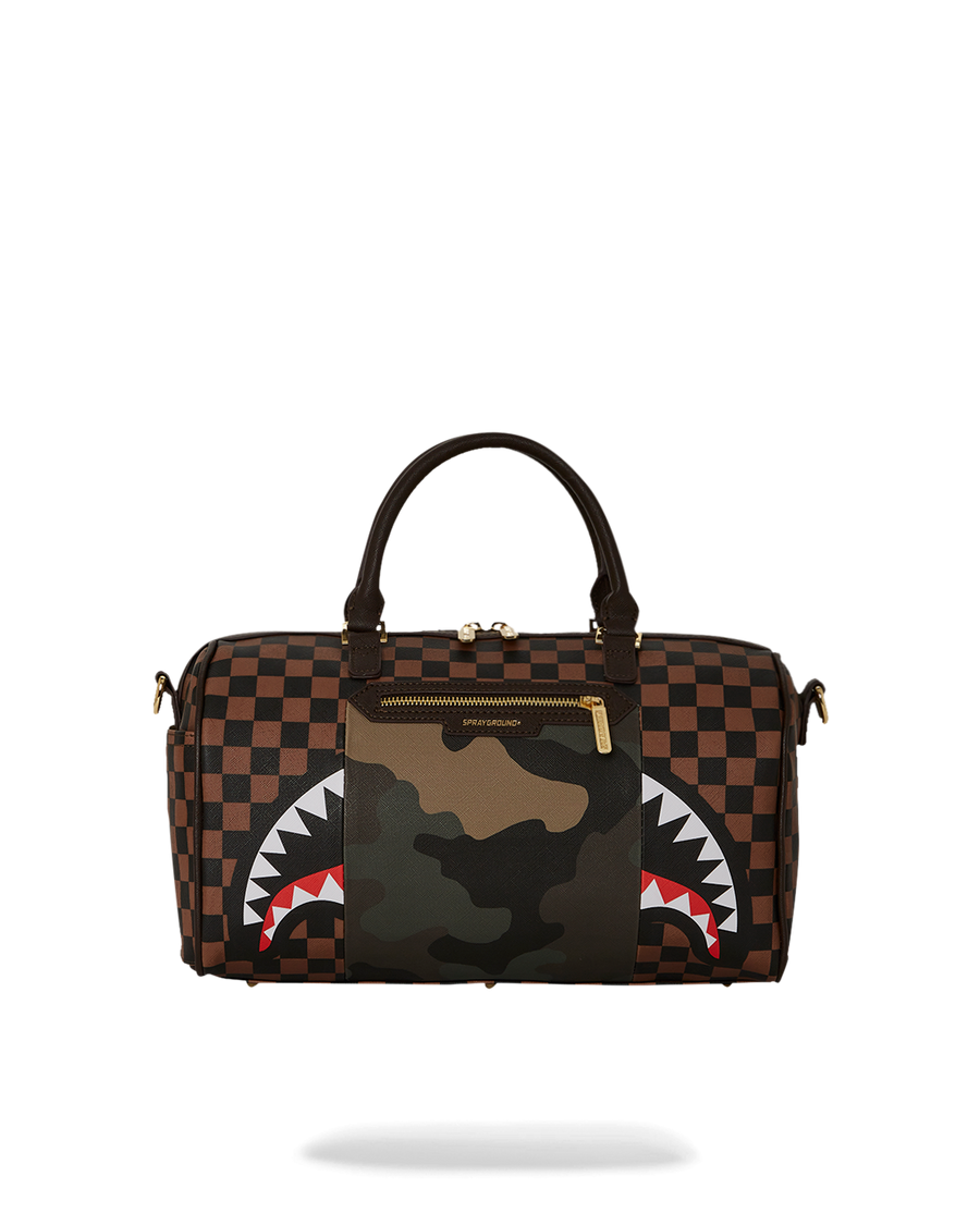 SPRAYGROUND® DUFFLE EXTERIOR GOLD ZIP POCKET SHARKS IN PARIS MINI DUFFLE