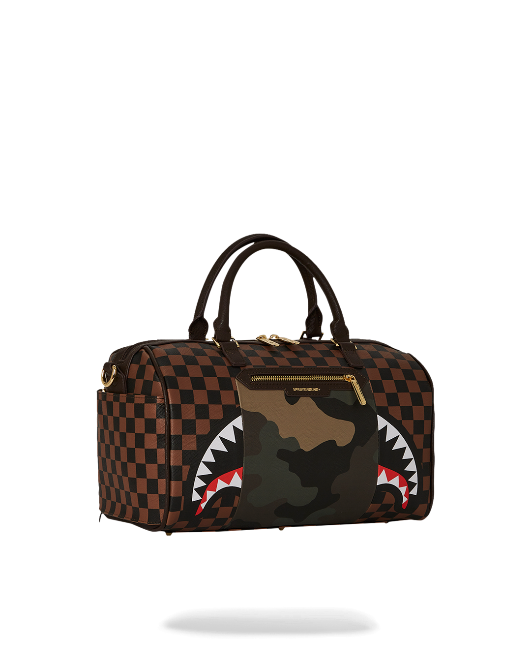 SPRAYGROUND® DUFFLE EXTERIOR GOLD ZIP POCKET SHARKS IN PARIS MINI DUFFLE