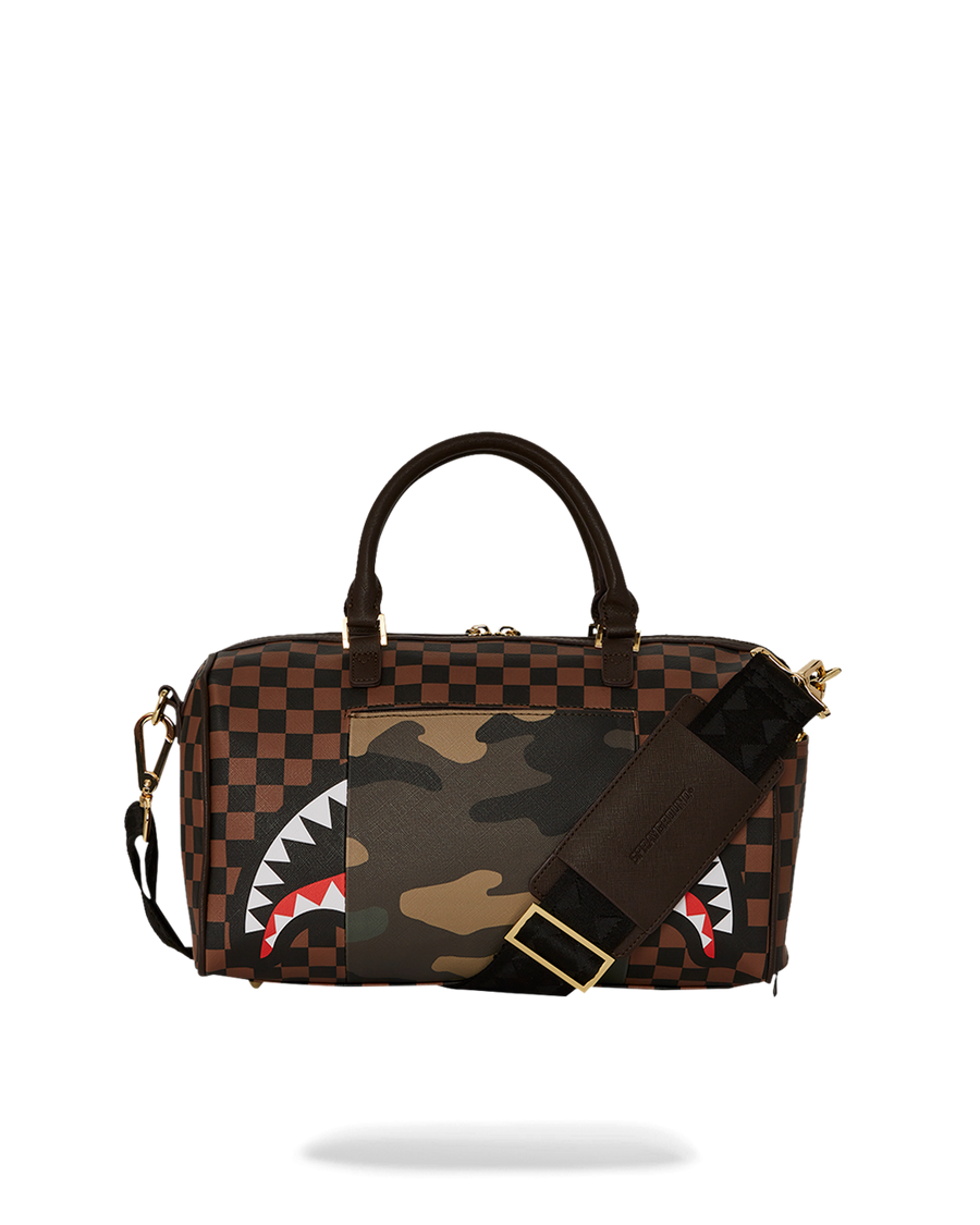 SPRAYGROUND® DUFFLE EXTERIOR GOLD ZIP POCKET SHARKS IN PARIS MINI DUFFLE