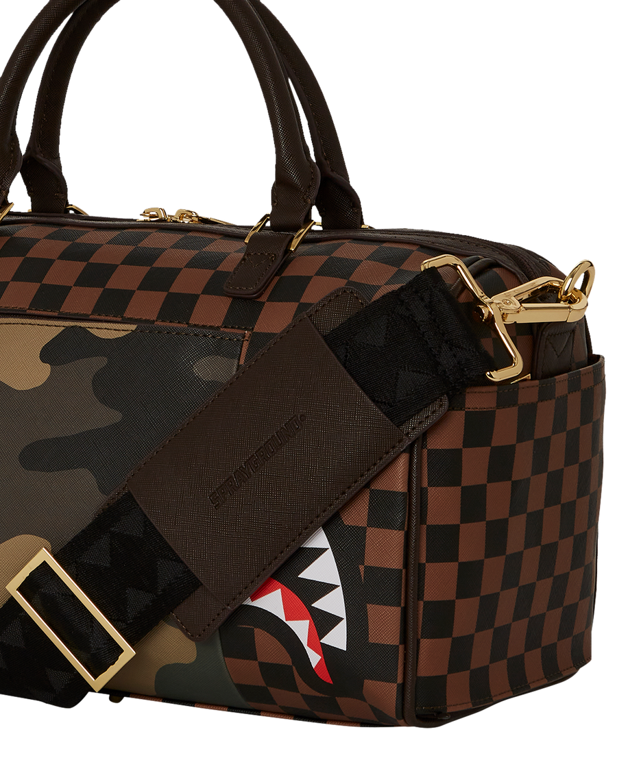 SPRAYGROUND® DUFFLE EXTERIOR GOLD ZIP POCKET SHARKS IN PARIS MINI DUFFLE