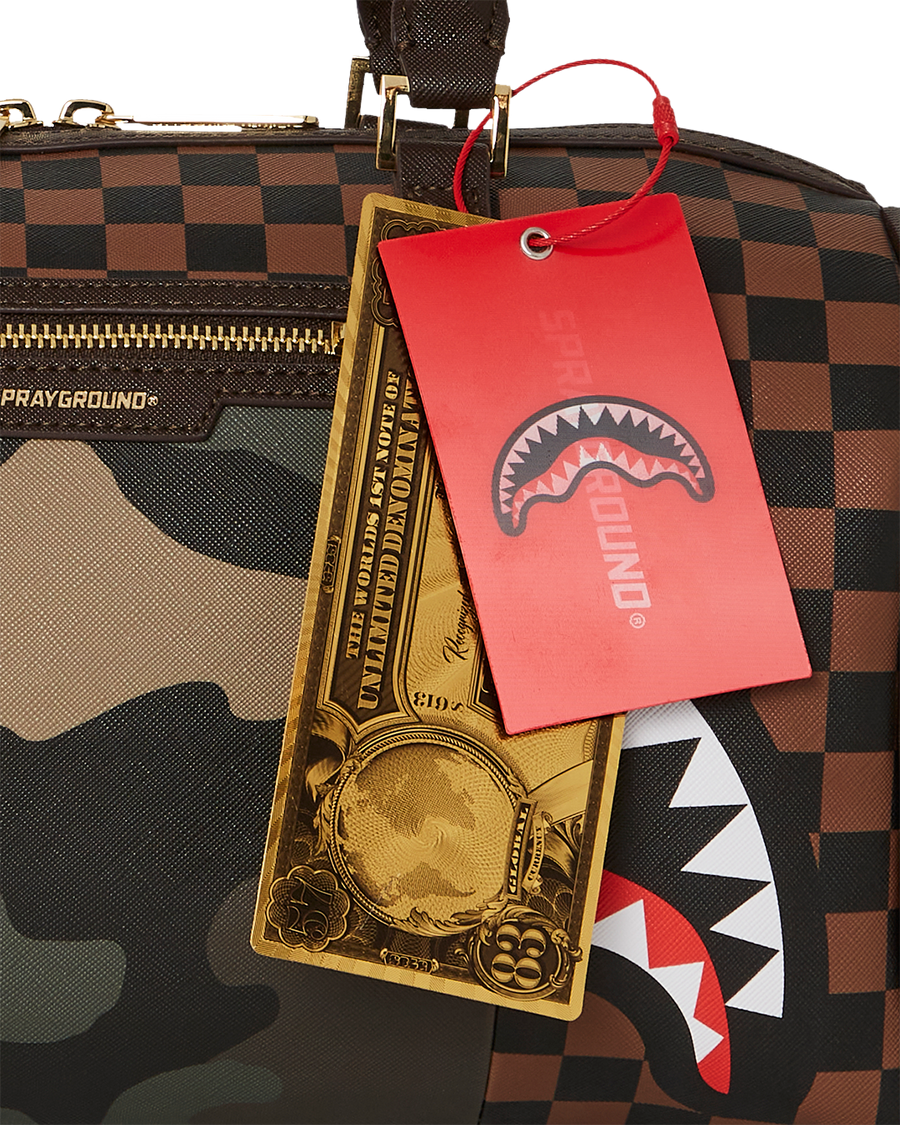 SPRAYGROUND® DUFFLE EXTERIOR GOLD ZIP POCKET SHARKS IN PARIS MINI DUFFLE