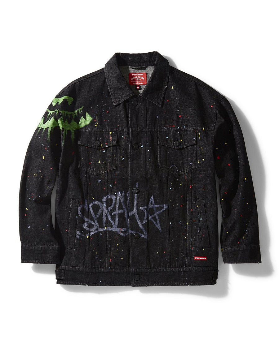 SPRAYGROUND® APPAREL GRAFFITI BUTTON FRONT DENIM JACKET DARK GREY