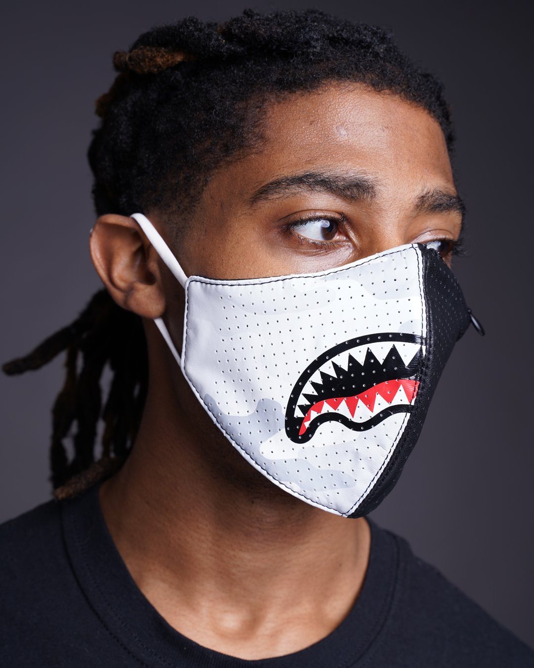 SPRAYGROUND® FASHION MASK DAMAGE CONTROL STASH POCKET VEGAN LEATHER FACE MASK