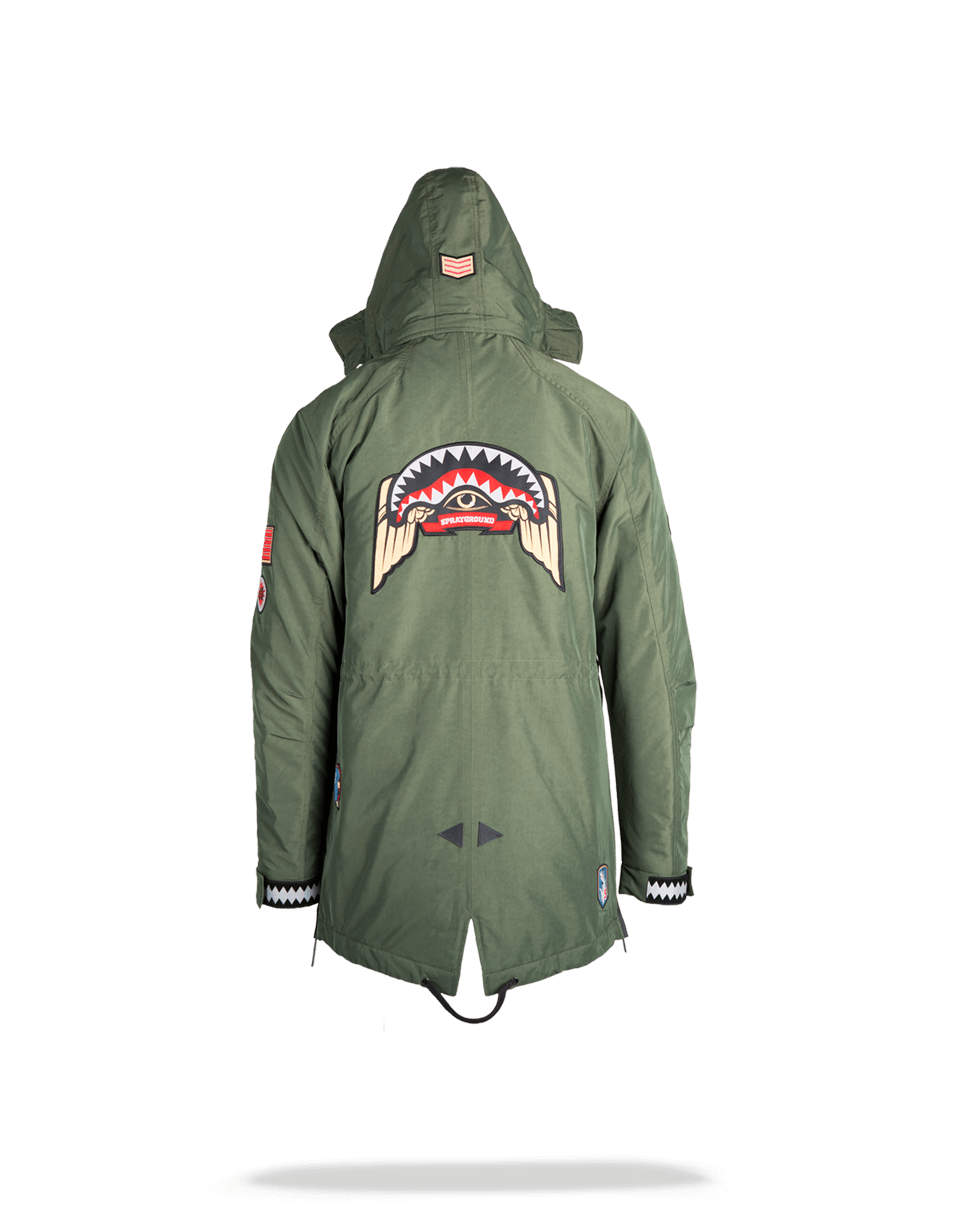SPRAYGROUND® APPAREL GREEN ARMY PATCHES LONG PARKA HOODY MENS (SIZE SMALL)