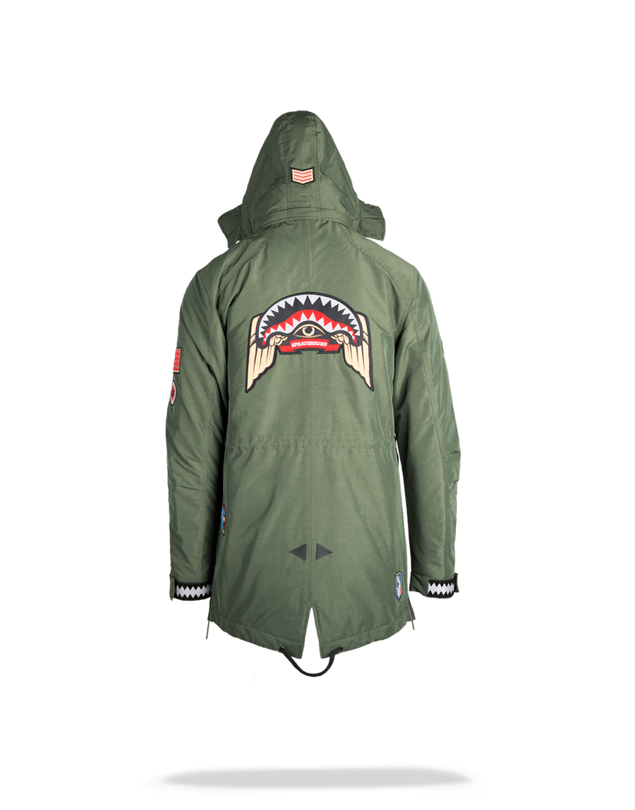 SPRAYGROUND® APPAREL GREEN ARMY PATCHES LONG PARKA HOODY MENS (SIZE SMALL)